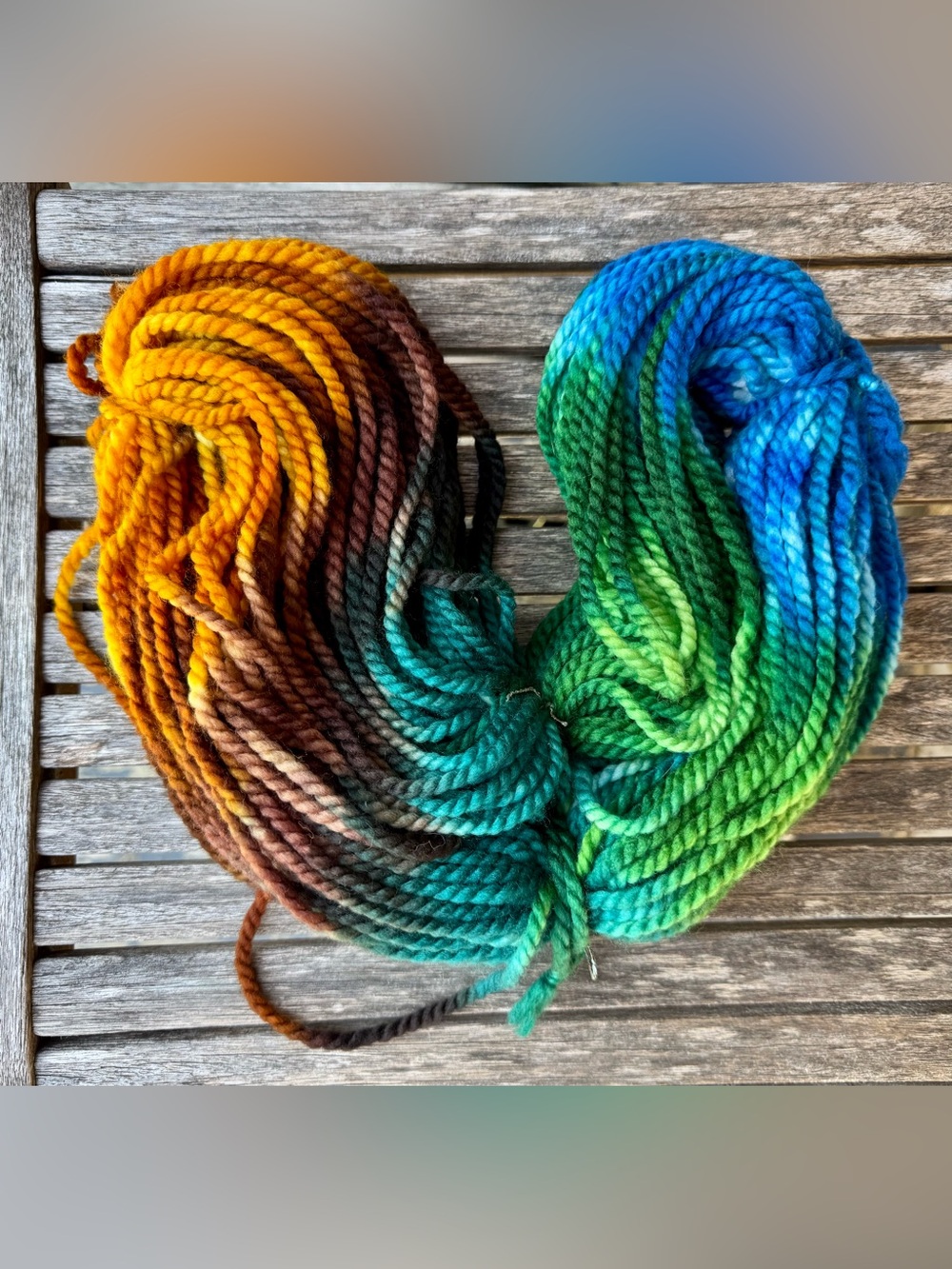 Hand-Dyed Multicolored Wool Yarn - Blue Green Yellow Brown